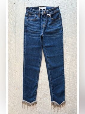 Risen Embellished Mid Rise Crop Straight Jeans in Dark